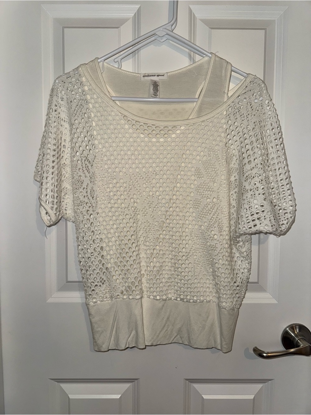 Ambiance Ivory Open-Knit Short Sleeve Crop Top